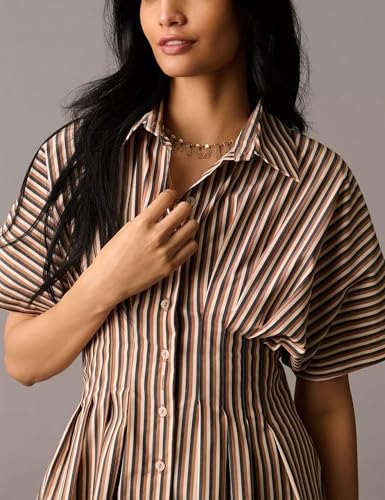 Women's Striped Button Front Pleated Maxi Shirt Dress Short Sleeve Collar V Neck Summer Casual Corset Long Dress4