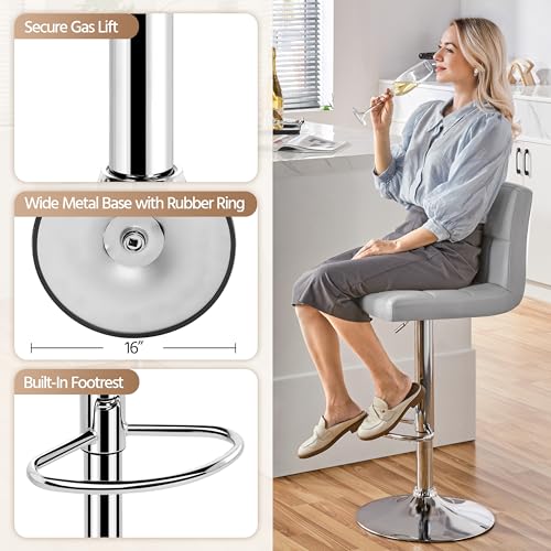Image of Yaheetech Bar Stools Set of 2, PU Leather Adjustable Barstools, Modern Counter Stools with Back and Footrest, Counter Height Barstools for Bar, Kitchen, Dining Room, Light Gray