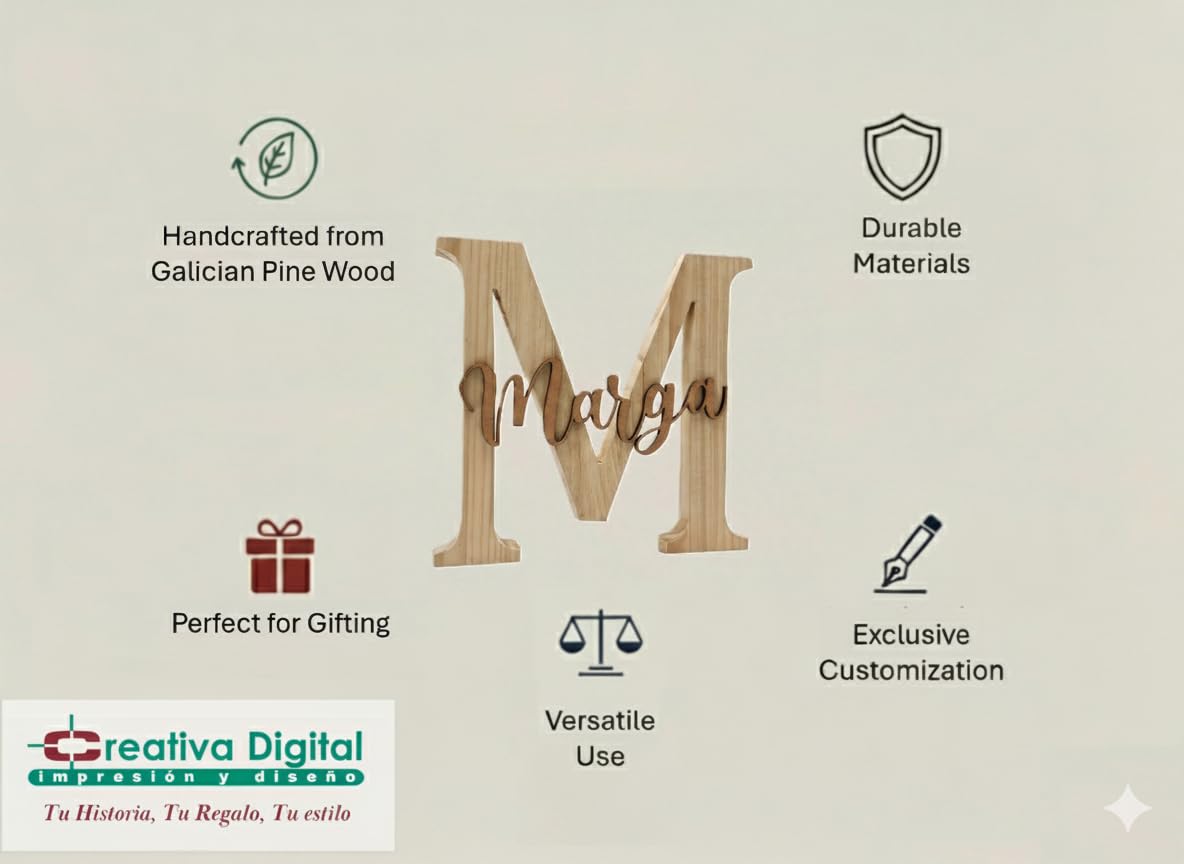 Creativa Digital Letra con Nombre Decorativa en Madera | Hecho a Mano | Madera de Pino Gallego | Ideal para Regalar o Decorar
