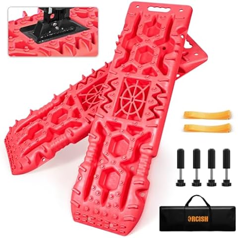 ORCISH New 2PCS 42''x12.2'' Large Recovery Traction Boards with Jack Lift Base, Traction Tire Ladder and Mat for Sand Snow Mud 4WD, Recovery Gear with 4 Mounting Pins and Carry Bag Cover