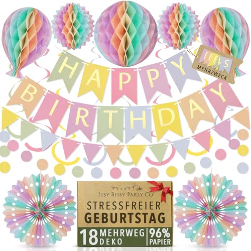 Premium Wiederverwendbare Geburtstagsdeko - Pastell Party Deko, Kindergeburtstag Deko, Geburtstag & Party Zubehör - Happy Birthday Girlande, Wimpelkette Geburtstag, Pompons Deko - Pastell Deko