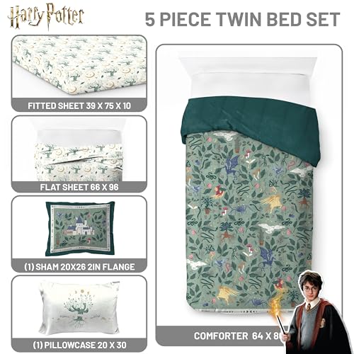 Image of Harry Potter Twin Comforter Set 5 Piece Soft Floral Bedding, Green
