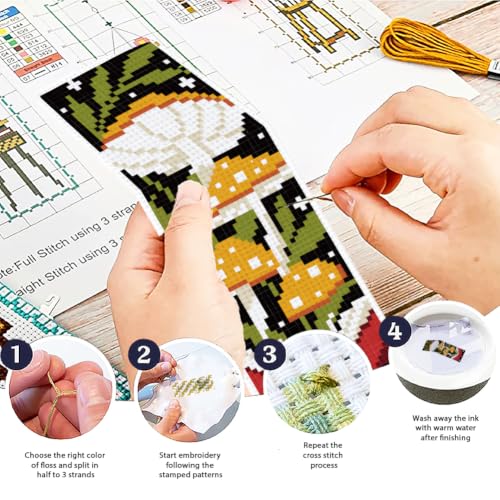 Image of ACRNIGHEET 6PCS Cross Stitch Bookmark Kit for Beginner Stamped Cross Stitch Kits for Adults Mushroom DIY Tassel Embroidery Bookmark Kits Needlepoint Kit with Instructions Craft Gift 8.5''x3'' 11CT