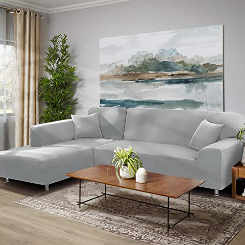 ShowyLive Sofa Überzug Couch Überzug 2er Set für Ecksofa L-Form Sofabezug 3 Sitzer+3 Sitzer, mit 2 Stück Kissenbezug, Hellgrau