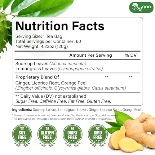 Image of TOG999, Premium Soursop Herbal Tea Bags | 60 Count | Loose Leaf Powder Blend with Soursop Leaves, Lemongrass, Ginger, Licorice Root & Orange Peel - Naturally Aromatic Herbal Tea. Vegan. Caffeine-Free (60 Bags Soursop Herbal Tea)