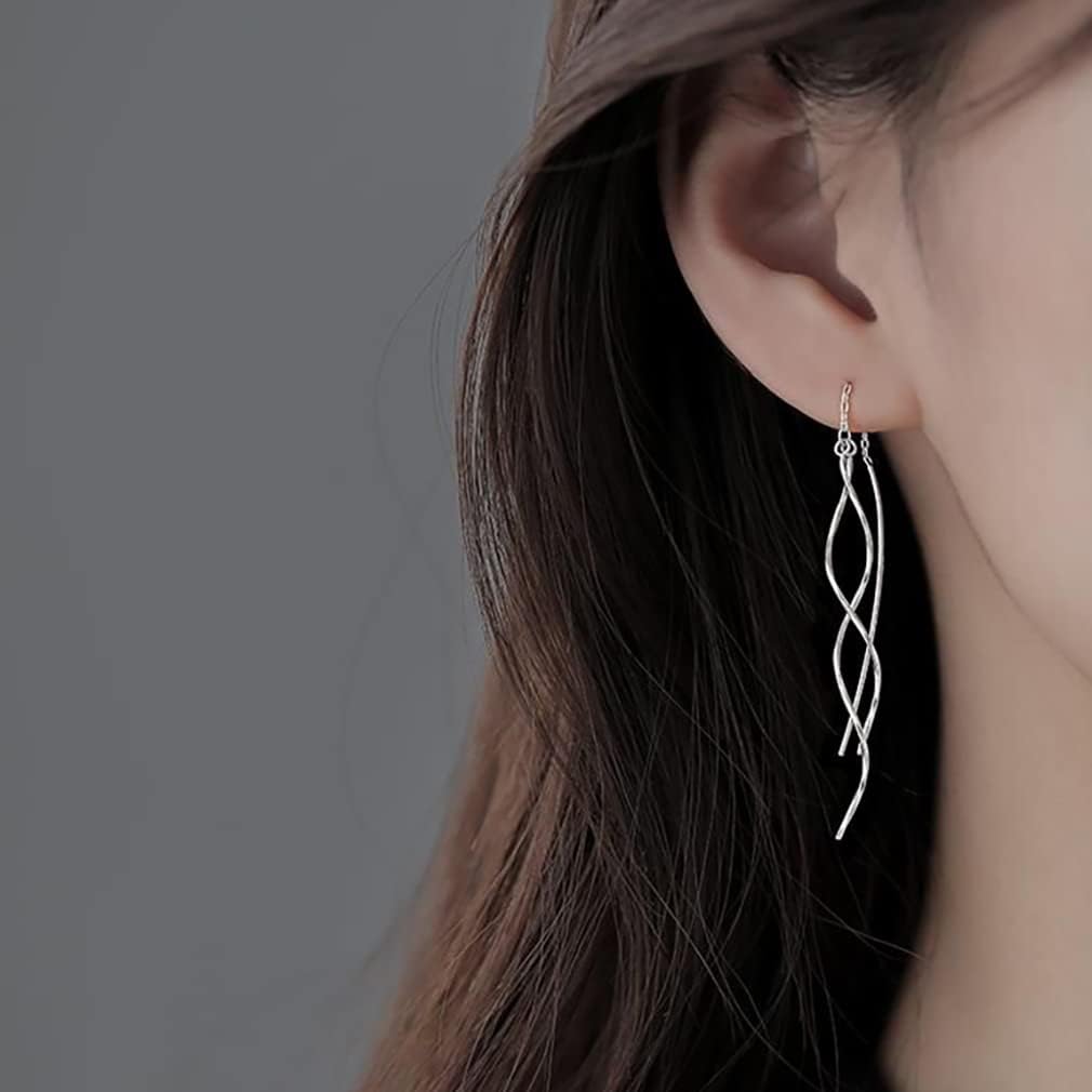SLUYNZ Sterling Silver Curve Dangle Earrings for Women Teens Wave Dangle Earrings Threader Tassel - Image 2