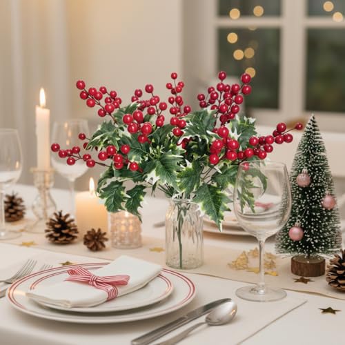 Image of HASTHIP 2 Pack Artificial Red Berries Holly Stems Christmas Decor