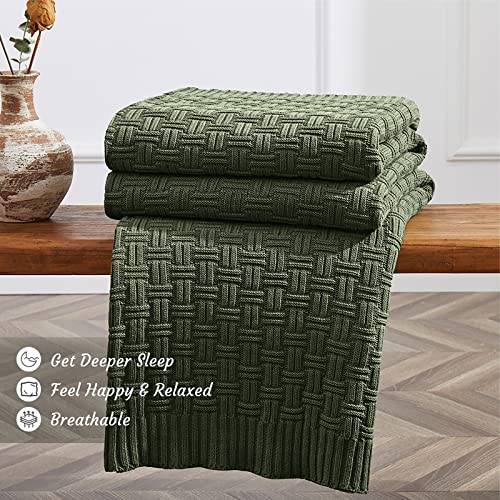 Image of TREELY 100% Cotton Knitted Throw Blanket 60 x 80 Inches, Green Forest