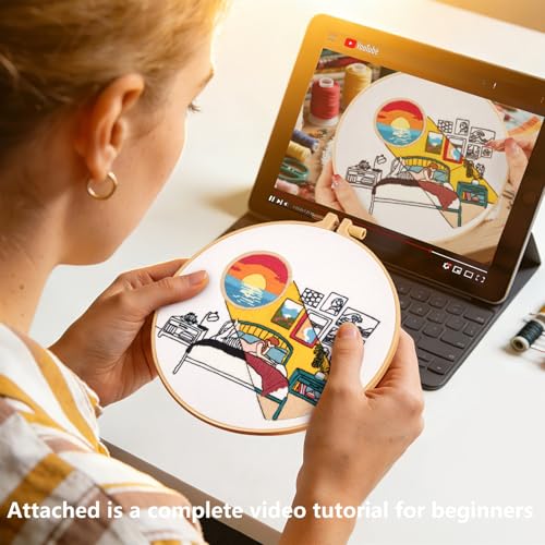 Image of Embroidery Kits for Beginners Adults Sunrise Hand Embroidery Starter Kits, Cross Stitch Kits for Beginners DIY Craft Kits for Adults Women, Entire Set of Embroidery Supplies Full-length Video Tutorial