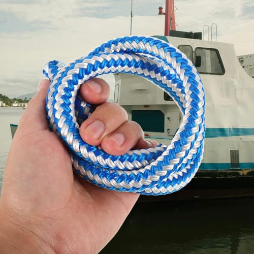 Luxshiny Double Braided Nylon Dock Line for Boats, 1 Meter Blue-White Mooring Rope with Loop, Heavy-Duty Boat Rope for Docking and Anchoring in Marine and Boating Use