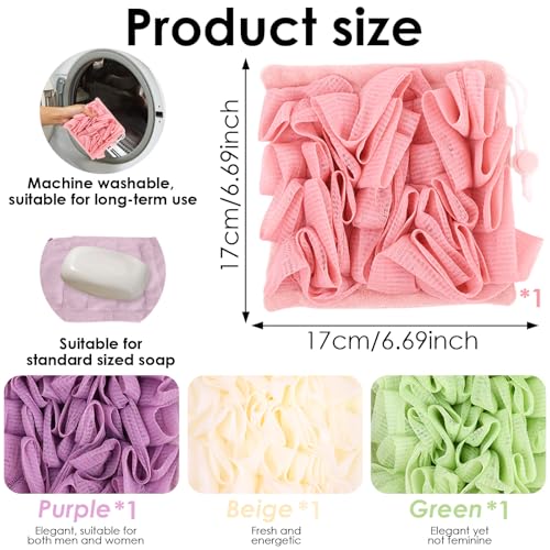 DADERXY 4 Pcs Loofah Washcloth for Bar Soap, 2 in 1 Reusable Machine Washable Loofahs Combo, Bar Soap Loofas Pouch Wash