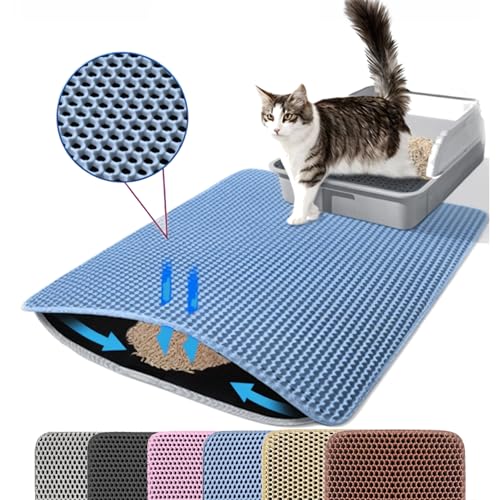 Image of Cat Litter Mat, 30x22 Inches Extra Large Honeycomb Double Layer Cat Litter Trapping Mat, Non Slip Waterproof Urine Proof Cat Litter Box Mat, Kitten Supplies and Essentials, Blue