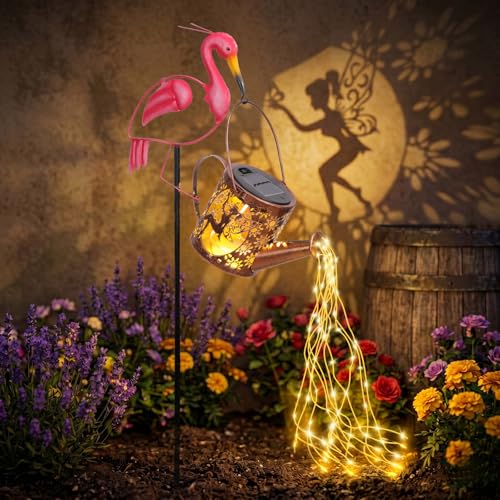 LOVERUIS Garden Statues with Solar Watering Can Lights Cute Outdoor Garden Decor for Patio Yard Lawn Ornaments Unique Gift for Women Mom Grandma (Flamingo)
