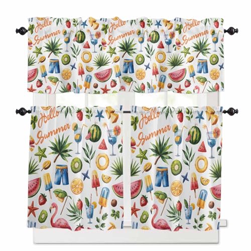 Summer Beach Kitchen Curtains 36 Inch Length,3 Piece Rod Pocket Small Half Tiers and Valance Set,Tropical Coconut Watermelon Lemon Flamingo Small Large Window Treatment Decor for Bedroom/Bathroom