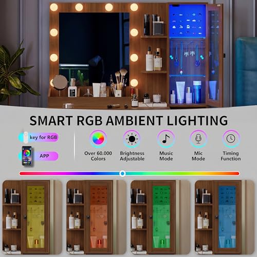 Image of Vanity Desk with Mirror and Lights, Makeup Vanity Table Set with 5 Storage Drawers, Power Outlet & Chair, Small Dressing Table with RGB Ambient Light, Adjustable Brightness for Girls Bedroom, Walnut