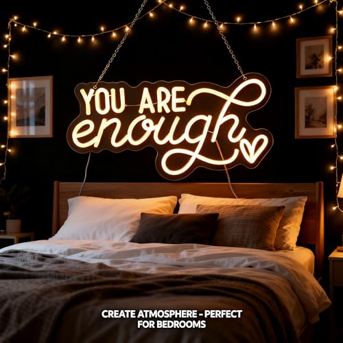Image of You Are Enough Neon Sign, Self Love Neon Light with Floral Decor, Motivational Wall Art for Bedroom, Therapy Office Decor, Mental Health Awareness Gift, USB Dimmable (16.5 inchx8.3 inch)