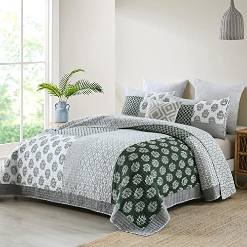Pangushan Quilt Set Queen Size, 100% Cotton Bedspread Quilt Bedding Set, Patchwork Reversible Quilt For Queen Bed, Olive Green/Grey/White Bed Spread, Lightweight Comforter For All Season, 3 Pieces #TOP1