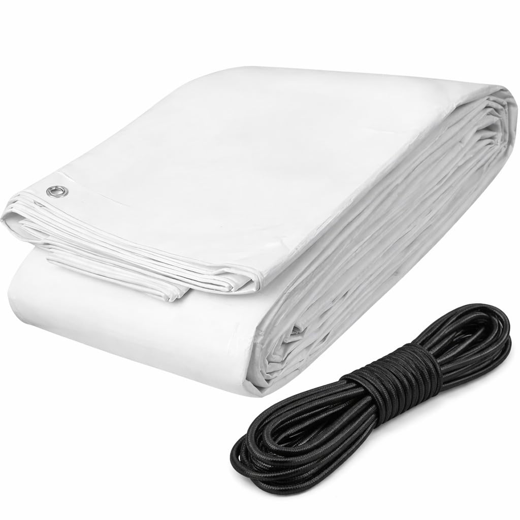 White Tarpaulin 4 x 6 m Waterproof Heavy-Duty 90 GSM - UV and Mould Resistant PE Tarp Sheet with Aluminium Eyelets, Reinforced Edges - Includes 10m Black Bungee Rope - Outdoor DIY Cover