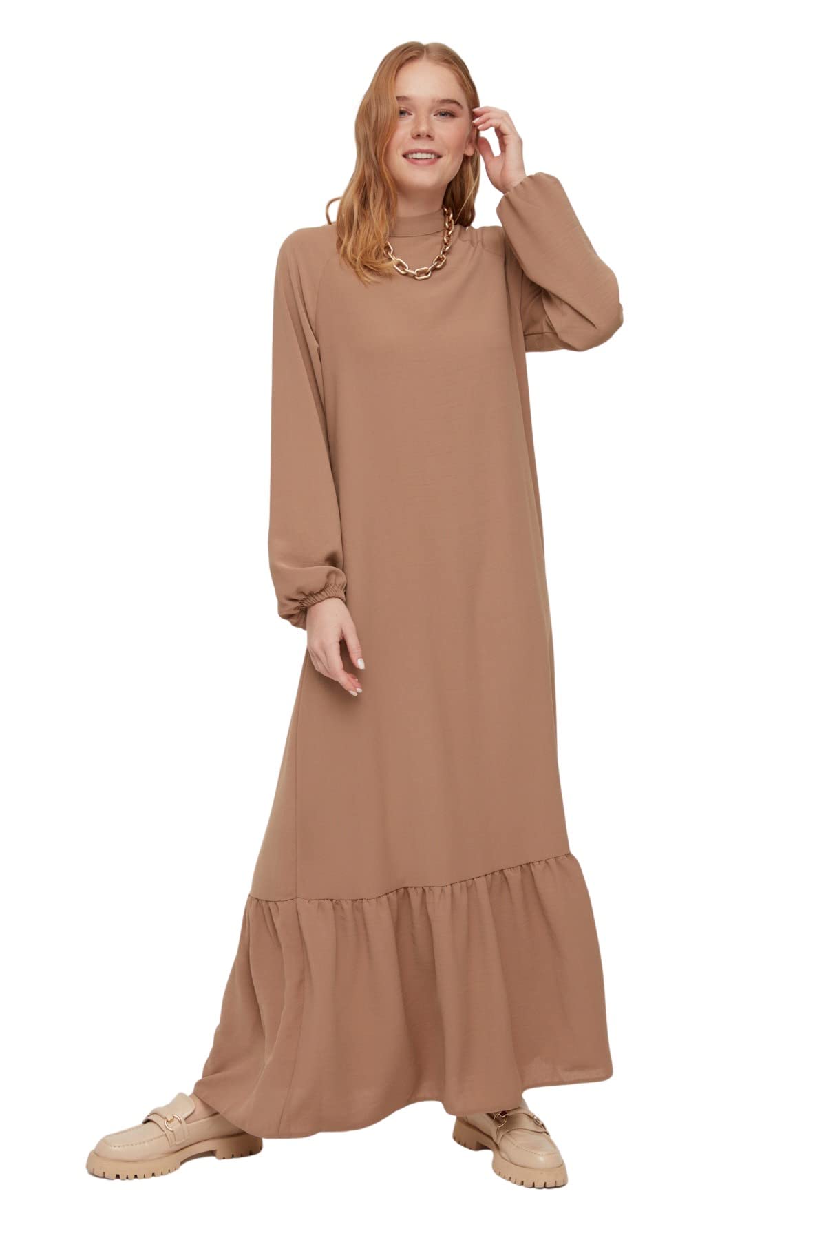 TRENDYOL Damen Trendyol Woman Design Maxi A-line Standing Collar Woven Dress, Beige, 42 EU