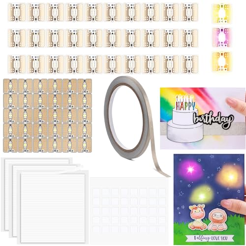 Kit di 60 adesivi a LED per circuiti luminosi, con nastro conduttivo e 3 fogli di strisce adesive in schiuma, per aggiungere luci a carte speciali (10 gialli, 10 arancioni, 10 rosa, 30 bianchi)