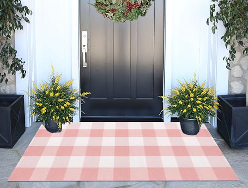 Pink and White Buffalo Outdoor Rug 24x51Checkered Plaid Front Porch Rug Cotton Woven Machine Washable Door Mat Outdoor for Layered Doormat Hello Welcome Door Mat Kitchen Farmhouse Entryway