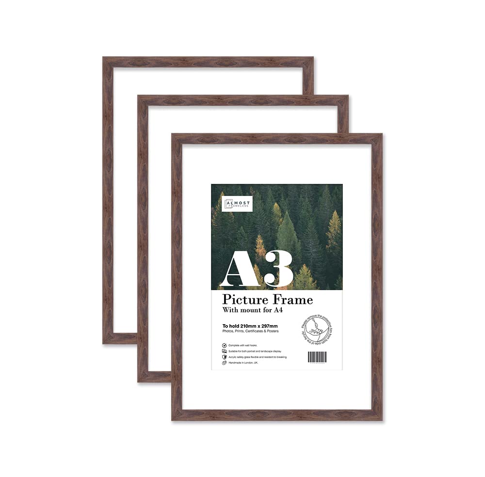 Almost Frameless A3 Walnut Picture Frame Set of 3, Display A4 Pictures with Mount or A5 Without Mount Gallery Wall, Poster, Photo, Artwork, or Print, Walnut