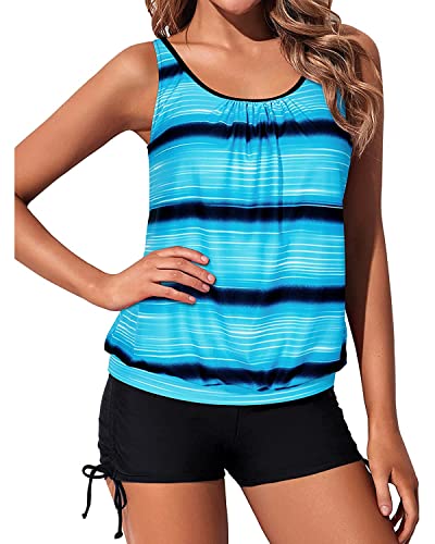 Yonique Blouson Tankini Swimsuits For Women 2 Piece Gradient Blue Bathing Suits Tops With Boyshorts Modest Loose Fit Swimwear M #TOP3