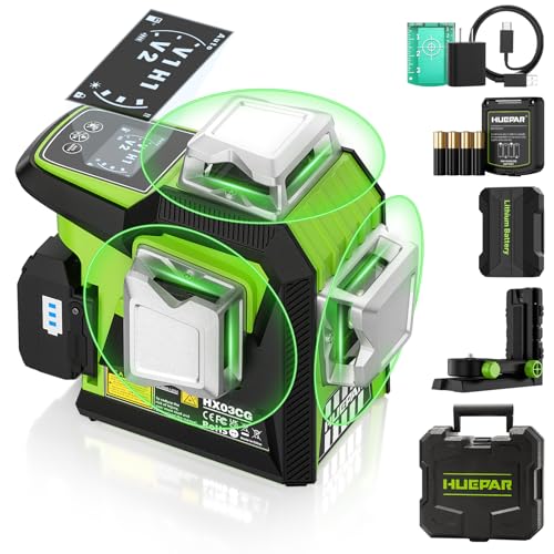 HUEPAR Nivel Láser Autonivelante Verde 12 Líneas, 3x360° Línea Cruzada con 2xBatería de Litio, MODO DE PULSO, Nivel Láser Autonivelante 360° Grados con Base Magnética, Bolsa Portátil,para Construcción