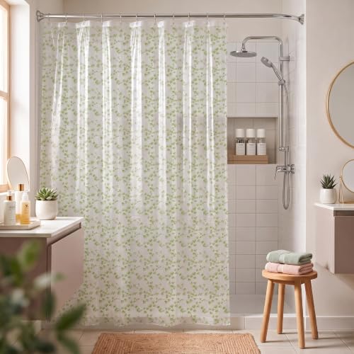 Image of Wakefit PEVA Plastic Printed Shower Curtain 7 Feet | 12 Free Hooks | No Smell, Toxin Free PEVA Plastic | Waterproof Bathroom Curtain | Curtain for Balcony | Height 7ft & Width 6ft | Creeping Green