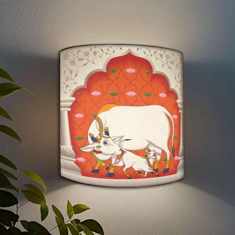 DEC ABODE Wall Lamp Shade, Pichwai Designer Wall Mounted Half Lamp Shade for Bedroom, Bedside Lamp Sconces with Holder & Fitting (Pichwai Cow) (Orange)