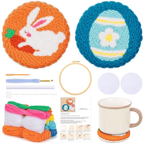 JSRQT 2 Pezzi Punch Needle Kit Sottobicchieri Pasqua, Kit per Principianti Punch Needle Ricamo con Motivo Uovo Coniglio, Kit Iniziale con Ago Perforato Coaster Punto Croce Fatto a Mano con Istruzioni