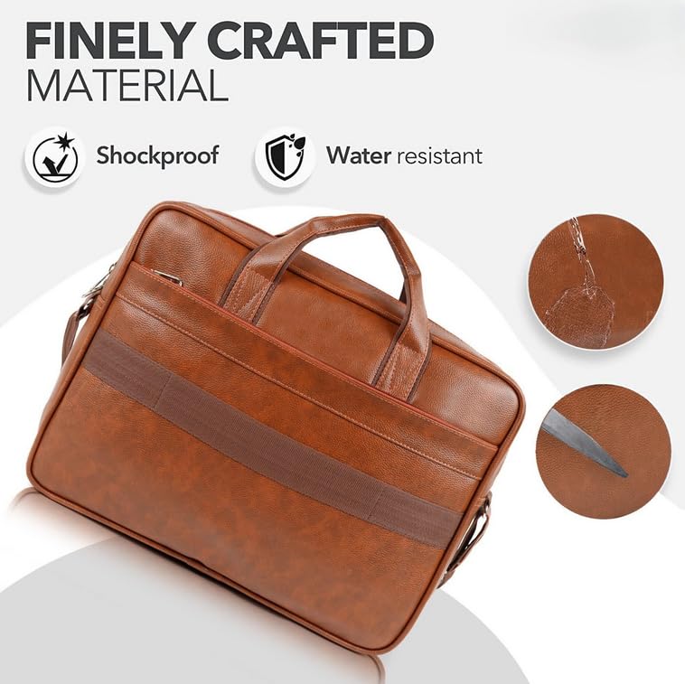 Image of PU Leather Laptop Briefcase Bag for Men, Adjustable Strap, Metal Zipper, Strong Joints