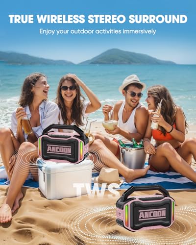 Image of ANCOON Speakers Bluetooth Wireless: 80W(Peak) Loud Speaker with Bass, 20H Playtime, IPX6 Waterproof, Large Jobsite Speakers for Work, Outdoor, Workshop, Garage, Portable Speaker with TWS (Pink)