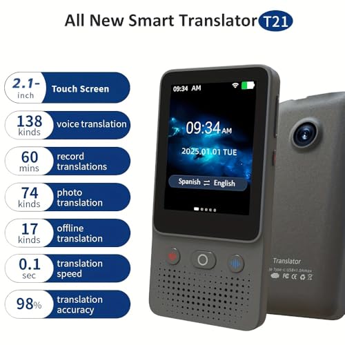 Ai Language Translator Device, 2025 Instant Voice Translator Device T21 No WiFi Needed, Two-Way 138 Languages Ai Translator Offline Recording Photo Translation Device for Business Travel Study