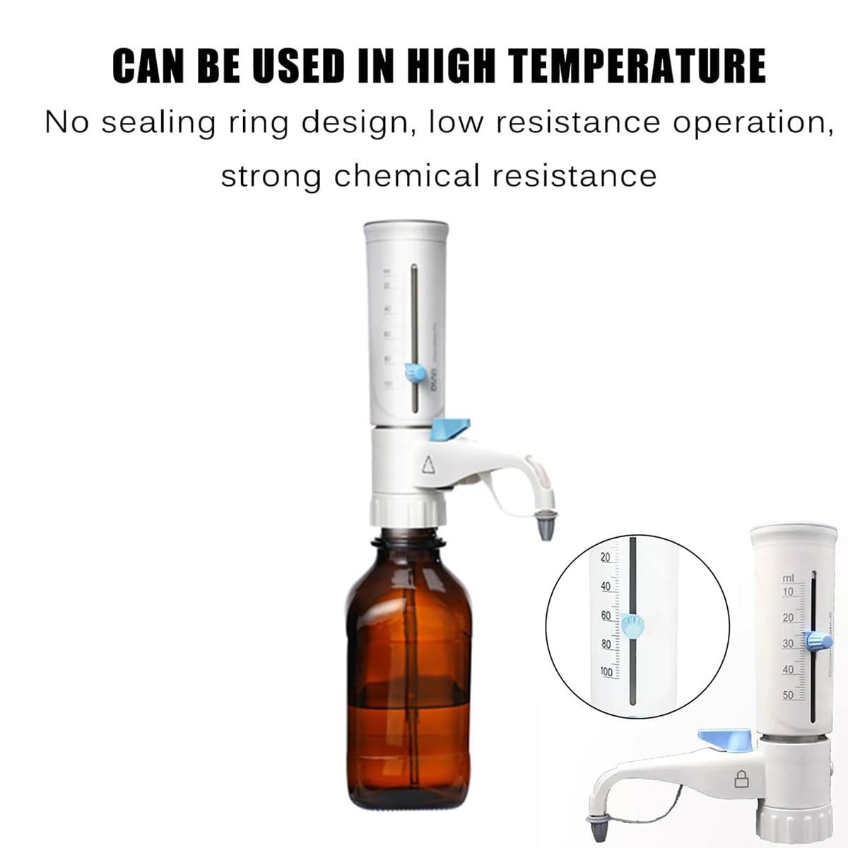 Dosiergerät for Laborflüssigkeiten, Flaschenaufsatzdispenser mit präziser Skala und 5 Flaschenmundadaptern, tropffrei und chemikalienbeständig, for chemische Lösungsmittel und Reagenzien(10-100ml)