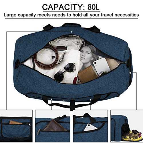 Travel Duffel Bag 80L Foldable Weekender Overnight Bags for Men Women Waterproof Sports Gym Bag with Shoes Compartment Holdall Weekend Bag Blue