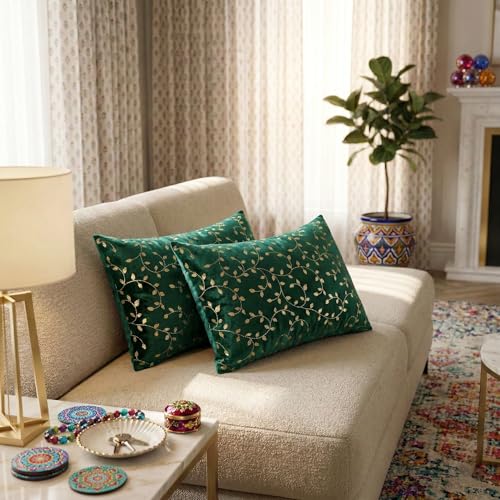 Image of RD TREND Velvet Rectangular 12x18 Inches Cushion Covers Set of 2 | Throw Pillow Covers for Sofa, Bed & Living Room | Perfect for Home Decor Dark Green