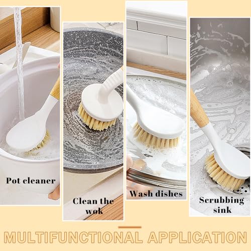 Image of Dish Brush with Handle, Long and Short Handle Kitchen Scrub Brushes with Tough Bristles, Natural Dish Scrubber Brush for Dishes, Pans, Pots and Kitchen Sink Cleaning, 2 Pack White