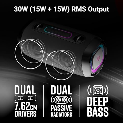 ZEBRONICS Sound Feast 85, Portable Bluetooth Speaker, 30 Watts, Upto 7 Hours Playback, Dual Passive Radiator, BTv5.3 | TWS | USB, RGB LED, Call Function, Carry Strap, Deep Bass (Black) view 2