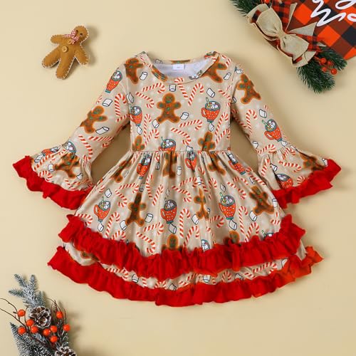 Little Girl Christmas Dress Ruffle Long Sleeve Santa Print Dress Kids Xmas Outfit2