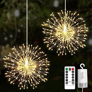 2 Pack Firework Lights, RJEDL 200 LED Christmas Hanging Fairy Lights with 8 Modes, Waterproof DIY Starburst String Lights with Remote Timer for Indoor Outdoor Garden Party Tree Decoration(Warm White)