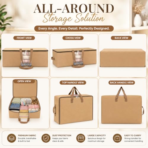 Image of Storite Canvas Underbed Storage Bag with Zipper, Clear Window & 4 Reinforced Handles | Blanket, Rajai, Quilt, Pillow, Bedsheet & Seasonal Clothes Organizer | Foldable Dustproof Storage Bag| Cream | With 4 Reinforced Handles for Rajai, Quilt, Blanket, Pillow, Saree, Bedsheet & Seasonal Clothes | 63 x 48 x 23 cm-Cream