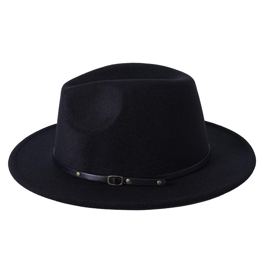 QUUPY Sombrero clásico de jazz vintage de ala ancha con hebilla de cinturón de cuero y fieltro, color negro