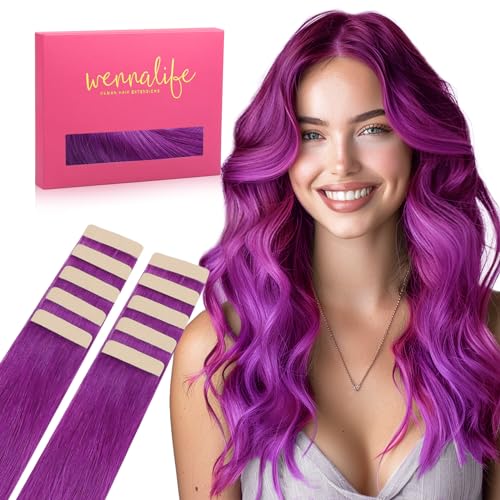 Image of Wennalife Purple Tape in Hair Extensions, 10pcs 30g 24 inch Remy Invisible Tape Ins Straight Colored Soft Real Human Hair Tape in Extensions Refill Set Extensions