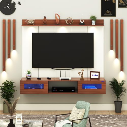 Image of Anikaa OriloPro Engineered Wood Wall Mount TV Unit with PVC Back Panel, Acrylic Blue LED Storage Box, Side Wooden Accent Spot Light Panels I Deal for Up to 50 Inch TV (Walnut - DIY Installation)