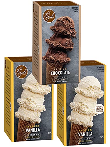 Triple Scoop Ice Cream Mix Sampler | Vanilla & Chocolate - 2:1 | Ice Cream Starter | Use with Home Ice Cream Maker | No artificial colors or flavors | Ready in under 30 mins (3/15oz Boxes)