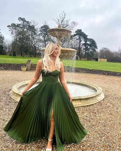 Women's Pleated Satin Bridesmaid Dresses for Wedding A Line Spaghetti Straps Long Formal Dress MT0063