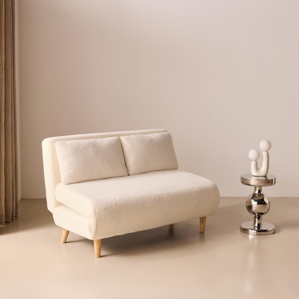 sweeek Divano letto in tessuto bouclé, 2 posti Crema - 120x89x80 cm