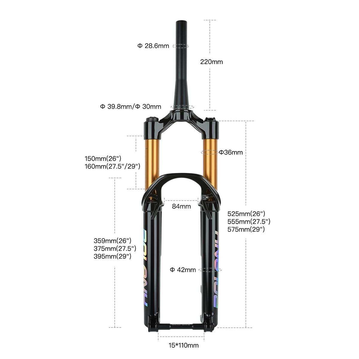 Widelec pneumatyczny do rowerów górskich z osią wtykową 26"/27,5"/29" widelec rowerowy 15 x 110 mm Boost 1-1/2" stożkowy hamulec tarczowy MTB skok sprężyny 26" 130 mm, 27,5"/29" 140 mm do AM/XC