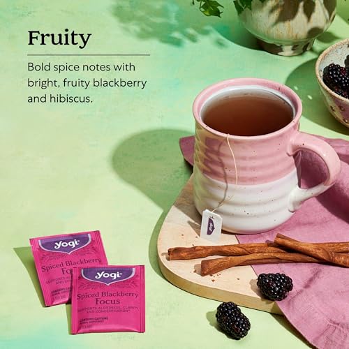 Yogi Tea Spiced Blackberry Focus - 16 Bags per Pack (4 Packs) - Organic Blackberry Tea for Focus with Caffeine - Includes Black Tea Leaf, Hibiscus Flower, Cinnamon Bark & More